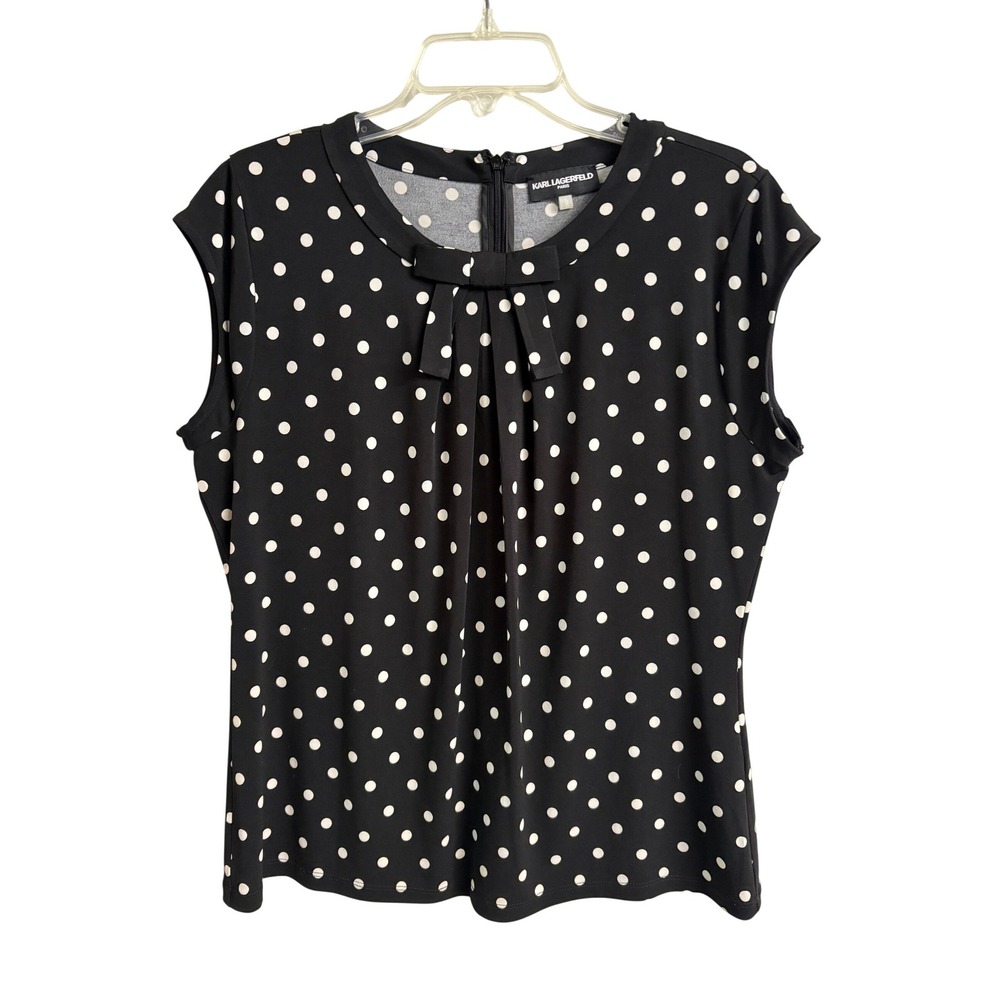 Karl Lagerfeld Paris Womens Polka Dot Bow‎ Neck Sleeveless Blouse Black White L